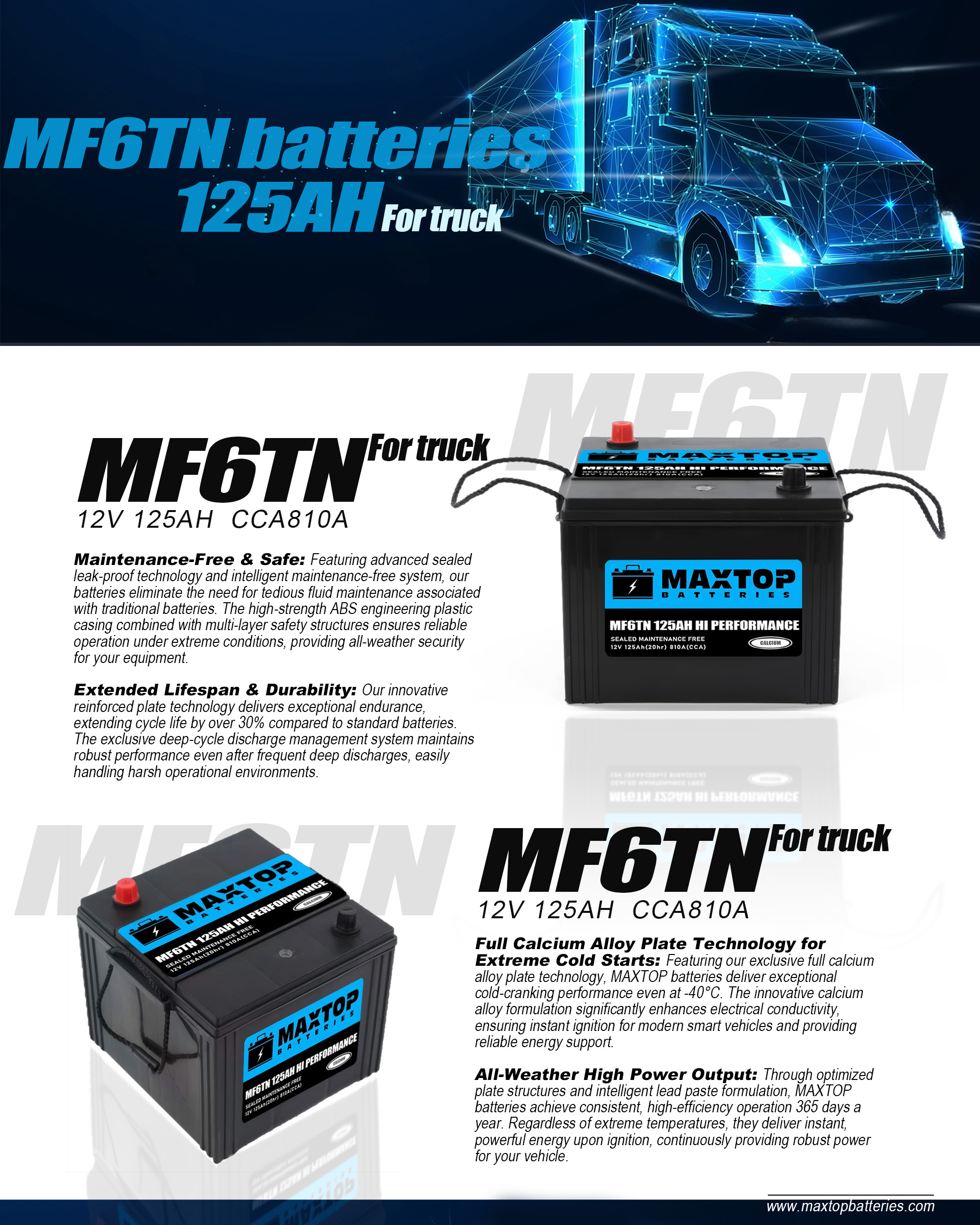 TRUCK BATTERY MF6TN-12V 125AH CCA810A-www.maxtopbatteries.com